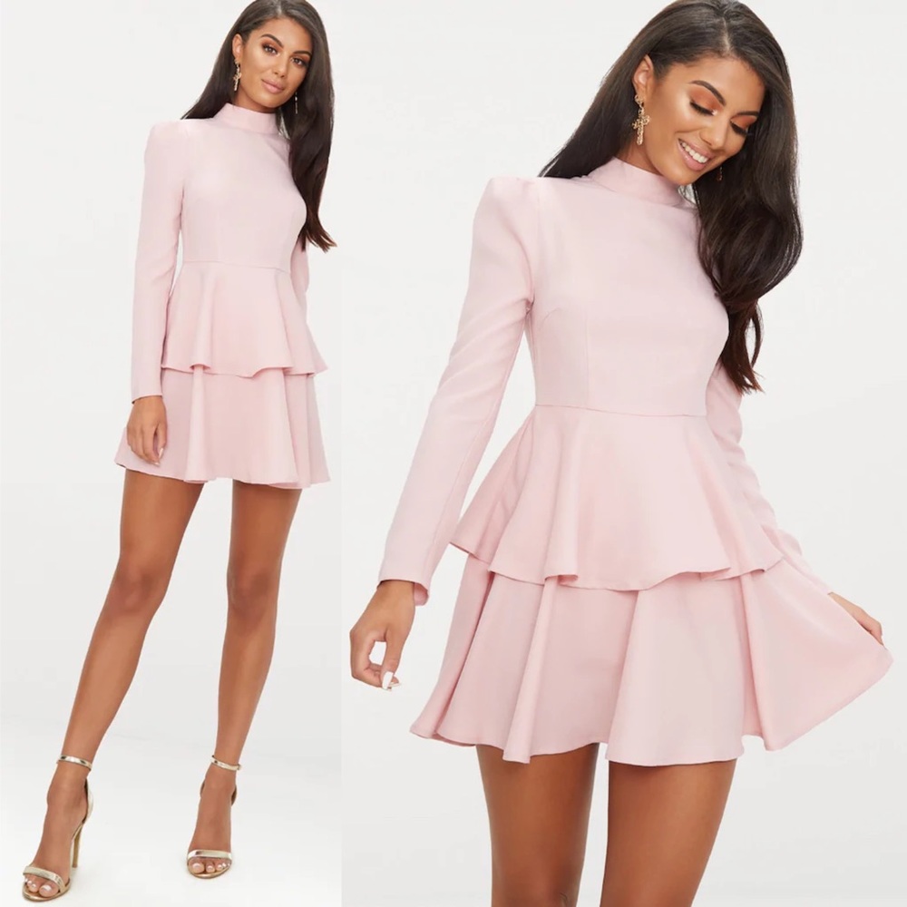 PrettyLittleThing High Neck Pink Tiered Dress 6